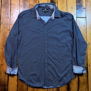 Buttercloth Men’s Large Dress Shirt Flip Cuff Button-Up All Over Pattern Blue